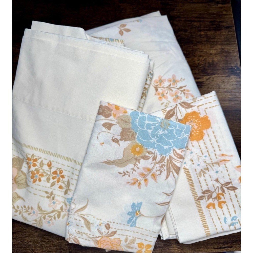 VTG FULL Sheet Set Tan Orange Blue Floral Flowers Tastemaker Percale 70s‎ Hippie